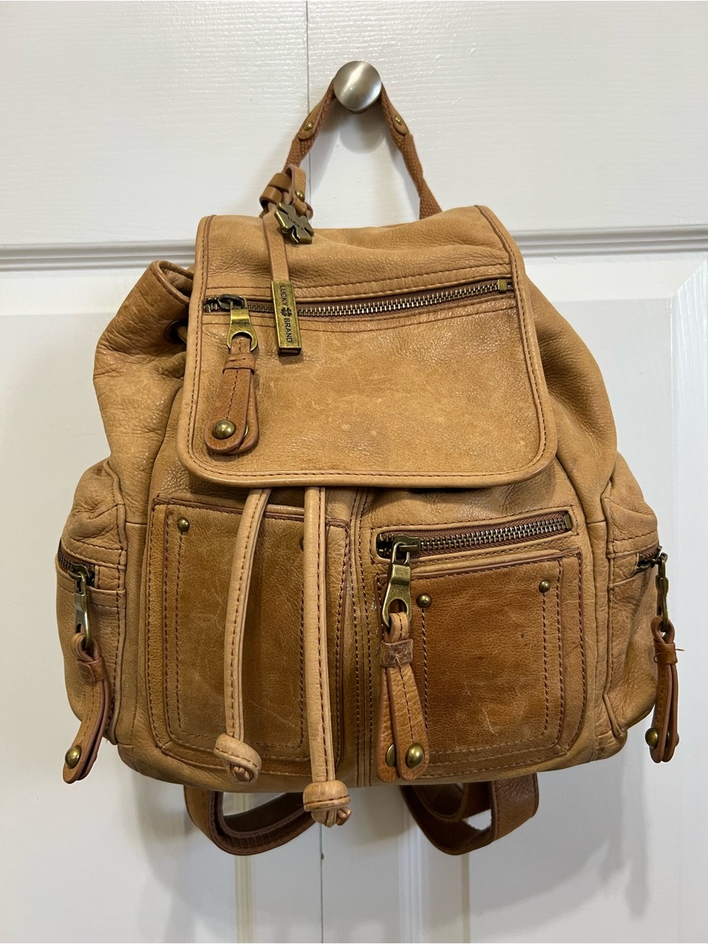 Lucky Brand Tan Leather Women’s Backpack - Casual Drawstring Daypack